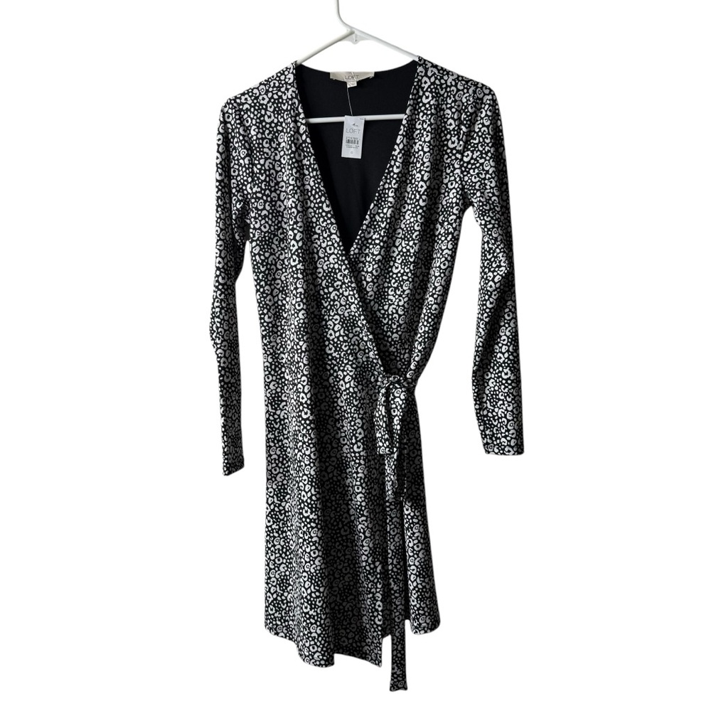 Loft Black White Animal Print True Wrap Long Sleeve Dress NWT
